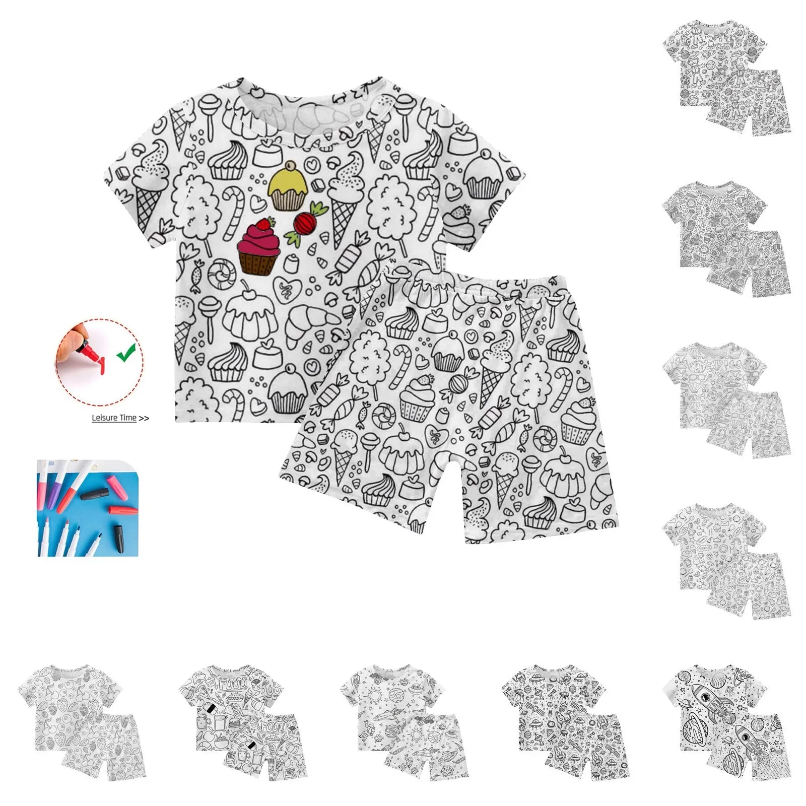 Children's DIY Pajama Sets Creative Sketch Colorful Pajama Set Summer loose short-sleeved tops shorts pajamas two-piece set