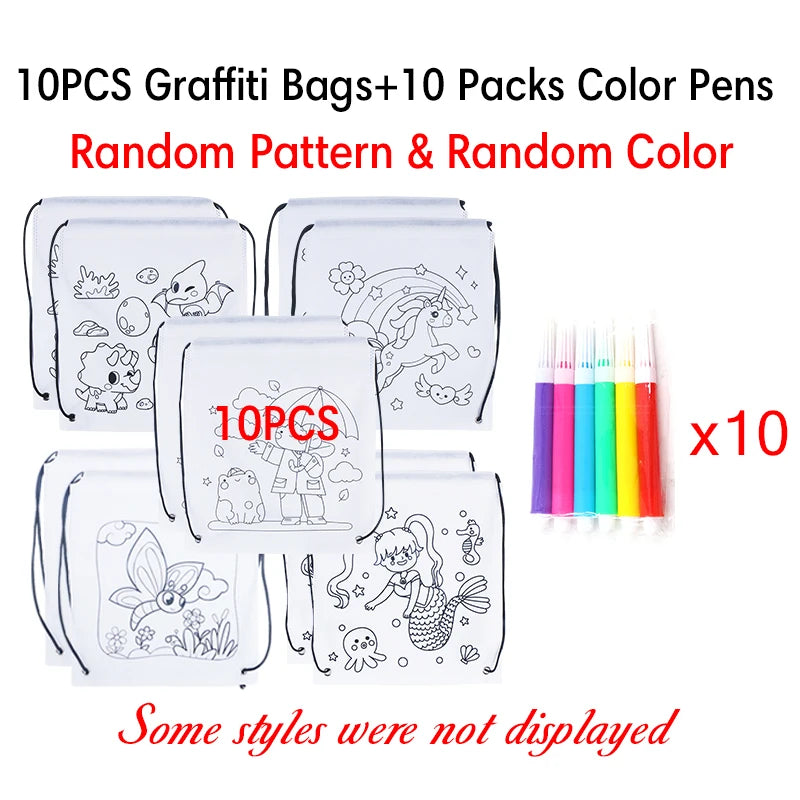 5-10PC Colorful Drawstring Graffiti Bag Random Assorted Pattern Cartoon Animal DIY Painting Backpack Festival Party Souvenir ZYF