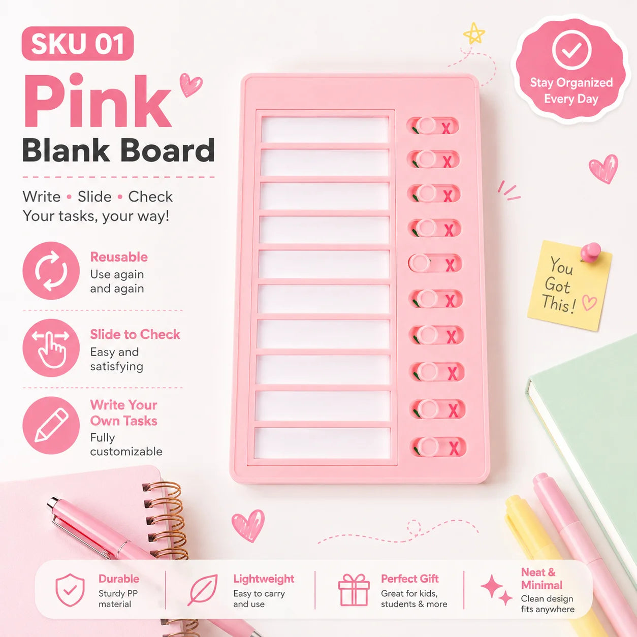Self Discipline Checklist Board, Replaceable Plastic Chore Chart for Kids Adults, Summer Task Planner & Daily Habit Tracker