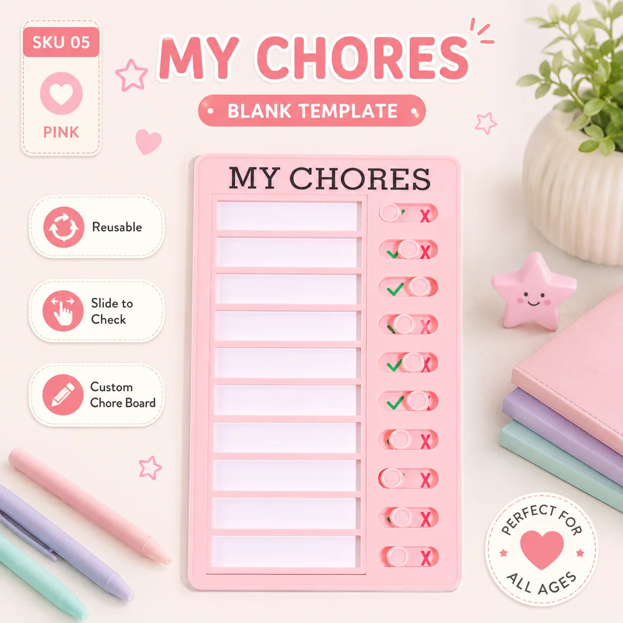 Self Discipline Checklist Board, Replaceable Plastic Chore Chart for Kids Adults, Summer Task Planner & Daily Habit Tracker