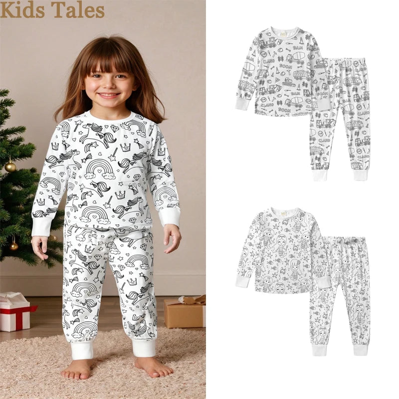 Children's DIY Pajama Sets Creative Sketch Colorful Pajama Set Long Sleeve Nightwear Baby Loungewear Clothing