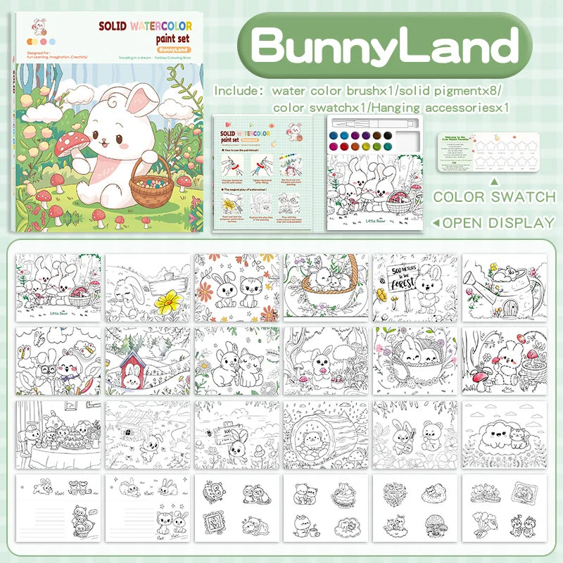 Children's Watercolor Coloring Set with 12-Color Pigment Color Blocks and Dip Pens