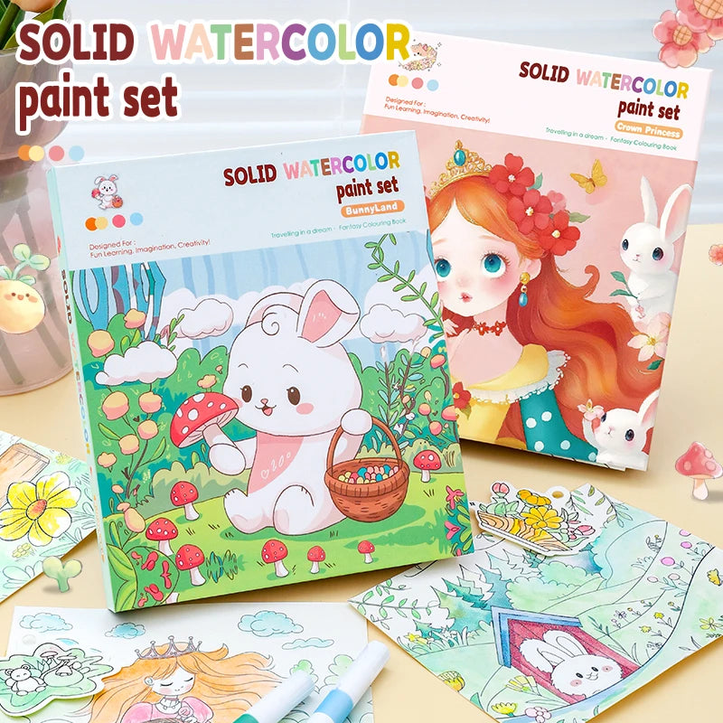 Children's Watercolor Coloring Set with 12-Color Pigment Color Blocks and Dip Pens