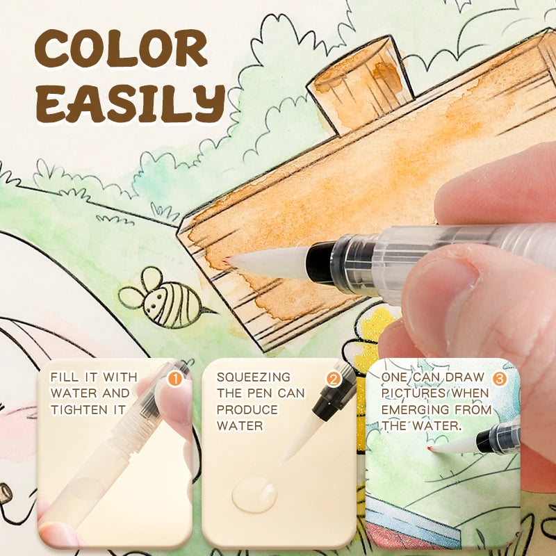 Children's Watercolor Coloring Set with 12-Color Pigment Color Blocks and Dip Pens