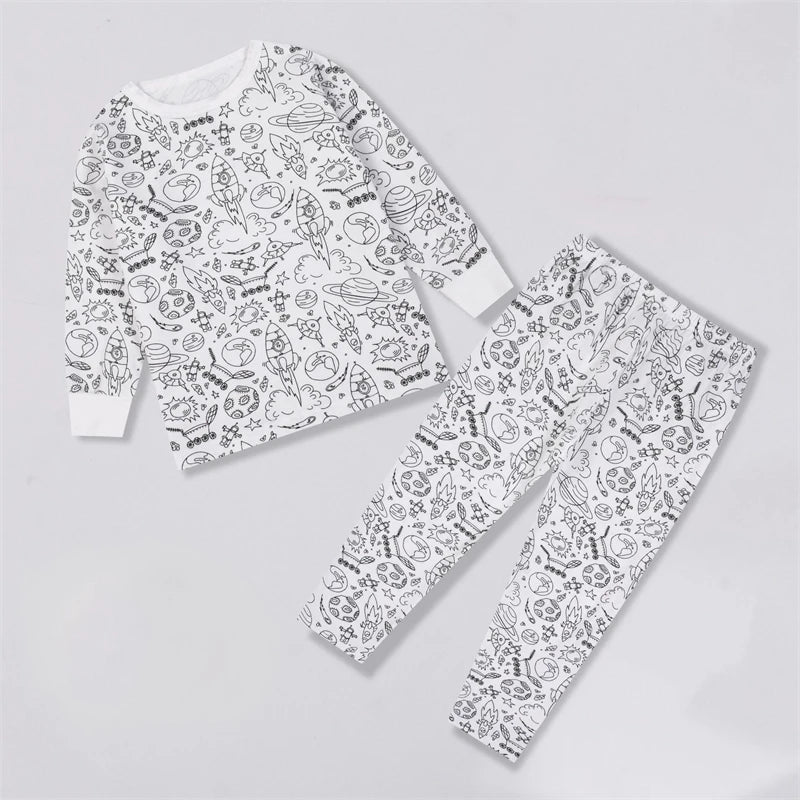 Colorable Two Piece Pajama Set for Children Boys Girls Color Your Own Handcraft Pyjamas  Kids DIY Coloring Kit for Pajama Party