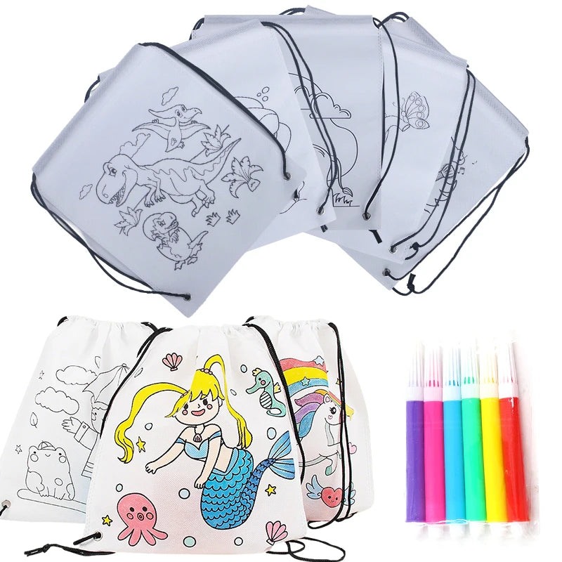 5-10PC Colorful Drawstring Graffiti Bag Random Assorted Pattern Cartoon Animal DIY Painting Backpack Festival Party Souvenir ZYF
