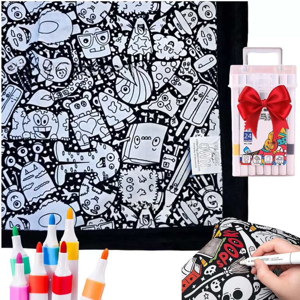 DIY Coloring Blanket 24 Color Pens Washable Reusable Soft Fleece Drawing Blanket DIY Painting Blanket for Kids Adults Home Decor