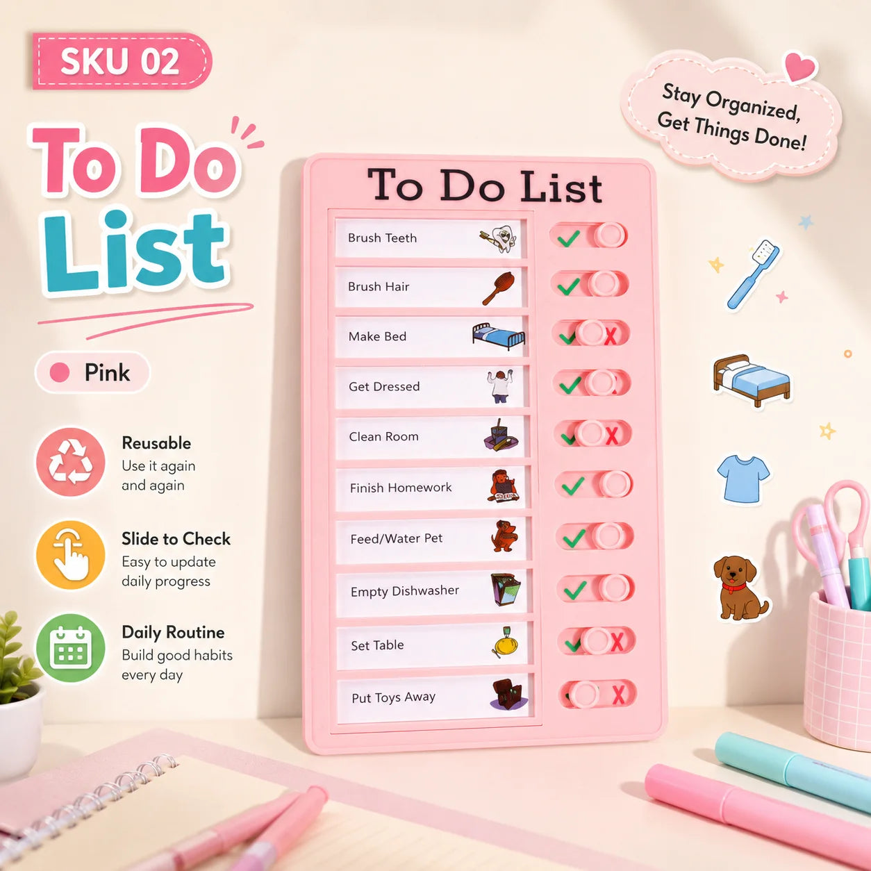 Self Discipline Checklist Board, Replaceable Plastic Chore Chart for Kids Adults, Summer Task Planner & Daily Habit Tracker