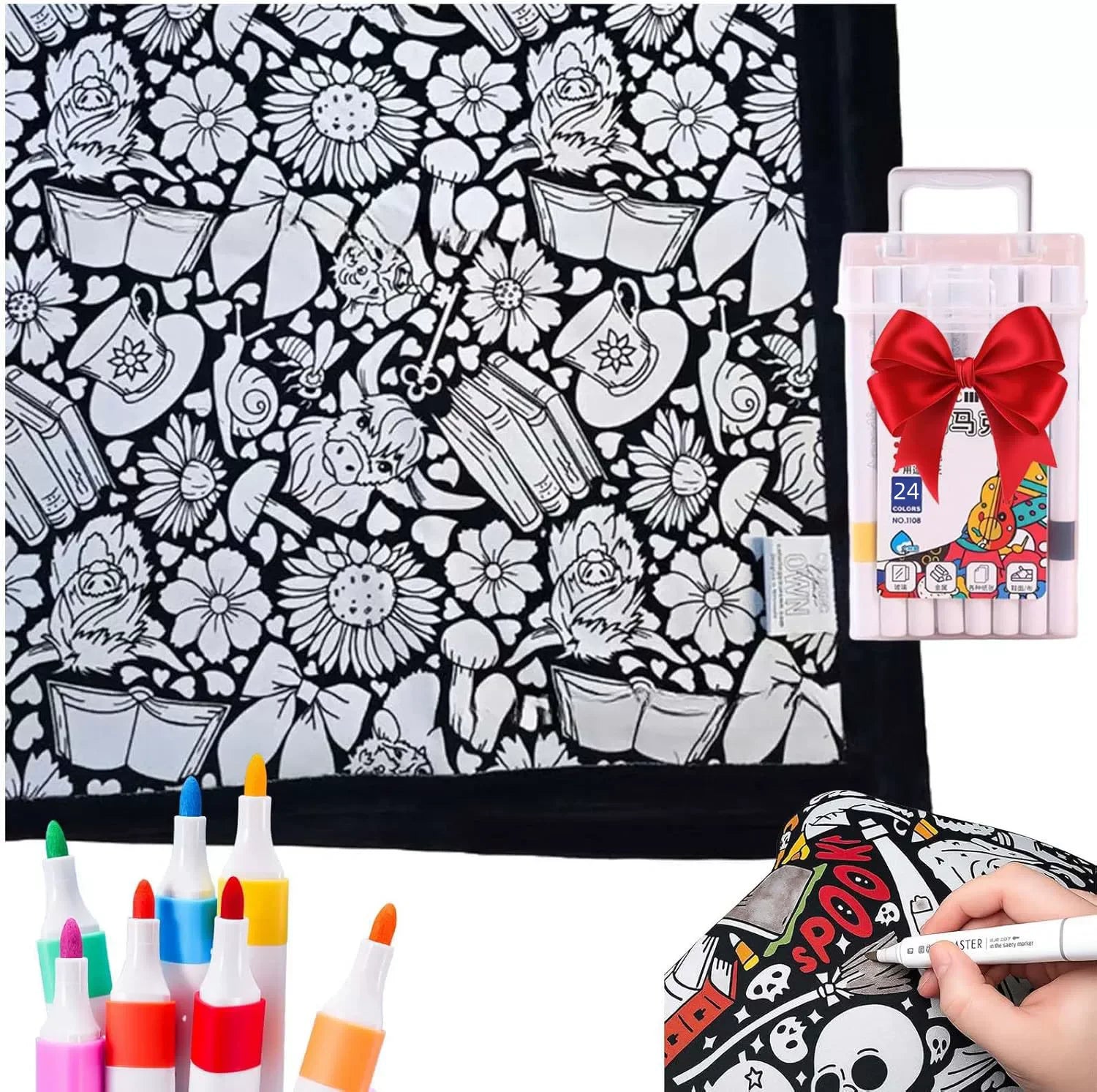 DIY Coloring Blanket 24 Color Pens Washable Reusable Soft Fleece Drawing Blanket DIY Painting Blanket for Kids Adults Home Decor