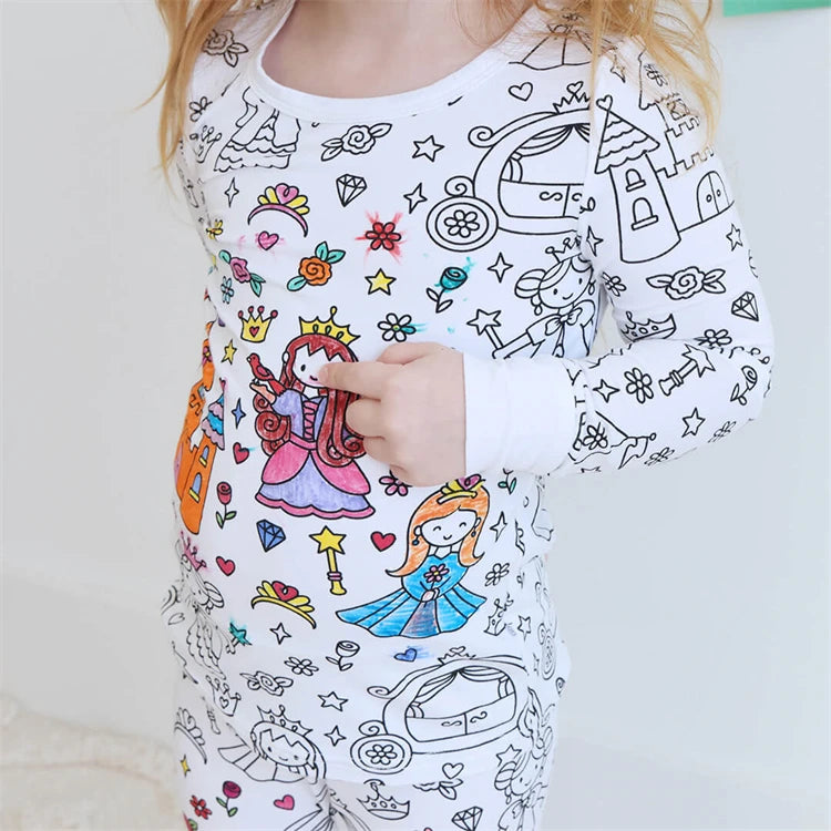 Colorable Two Piece Pajama Set for Children Boys Girls Color Your Own Handcraft Pyjamas  Kids DIY Coloring Kit for Pajama Party
