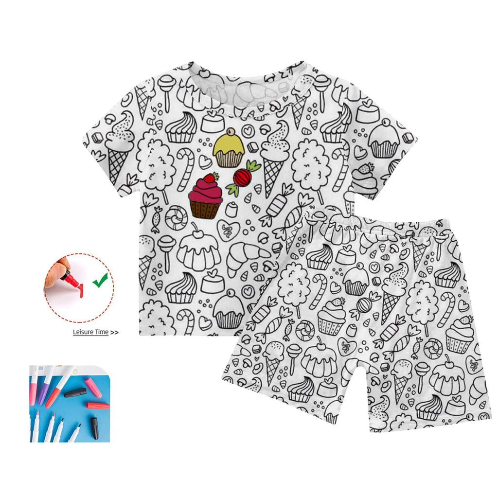 Children's DIY Pajama Sets Creative Sketch Colorful Pajama Set Summer loose short-sleeved tops shorts pajamas two-piece set
