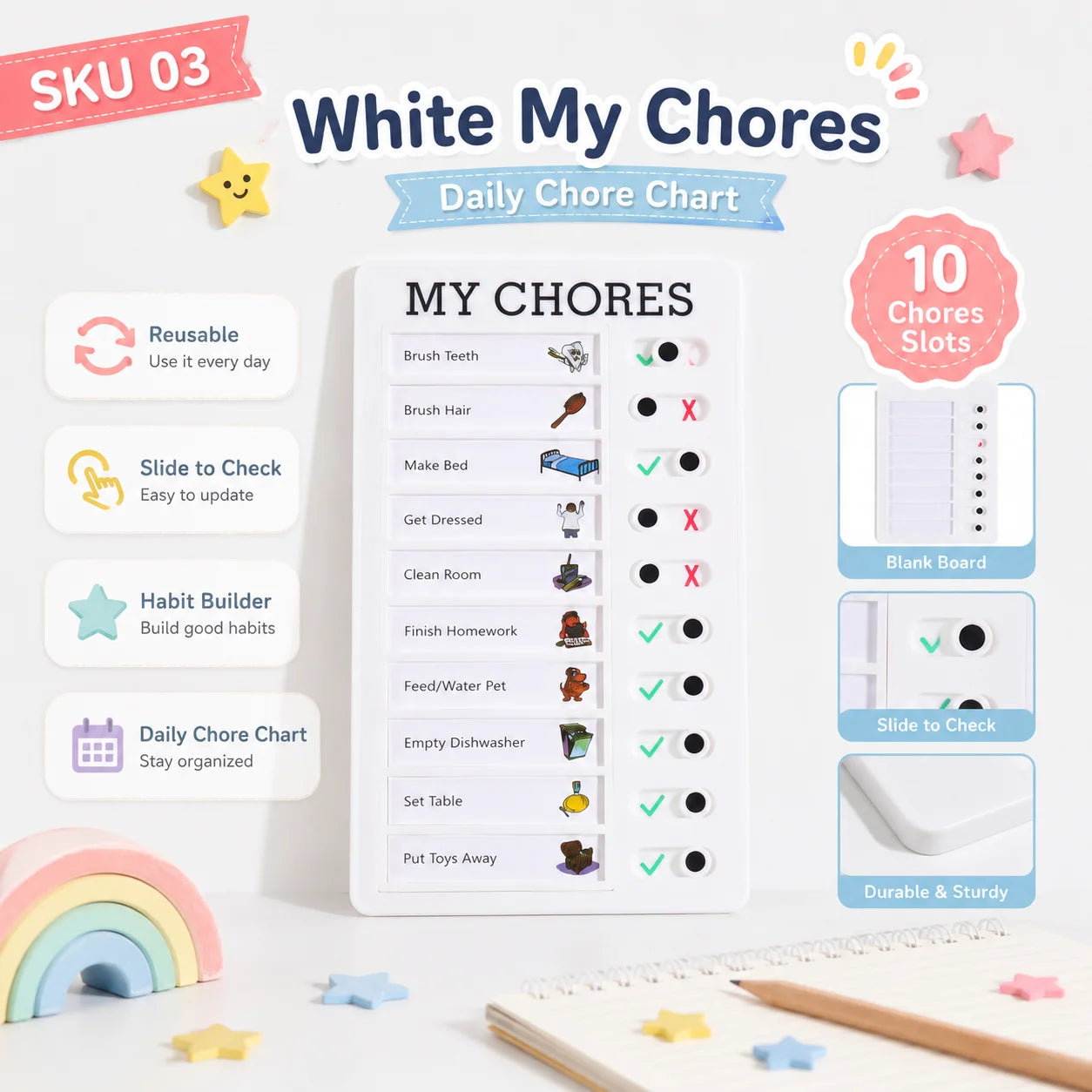Self Discipline Checklist Board, Replaceable Plastic Chore Chart for Kids Adults, Summer Task Planner & Daily Habit Tracker
