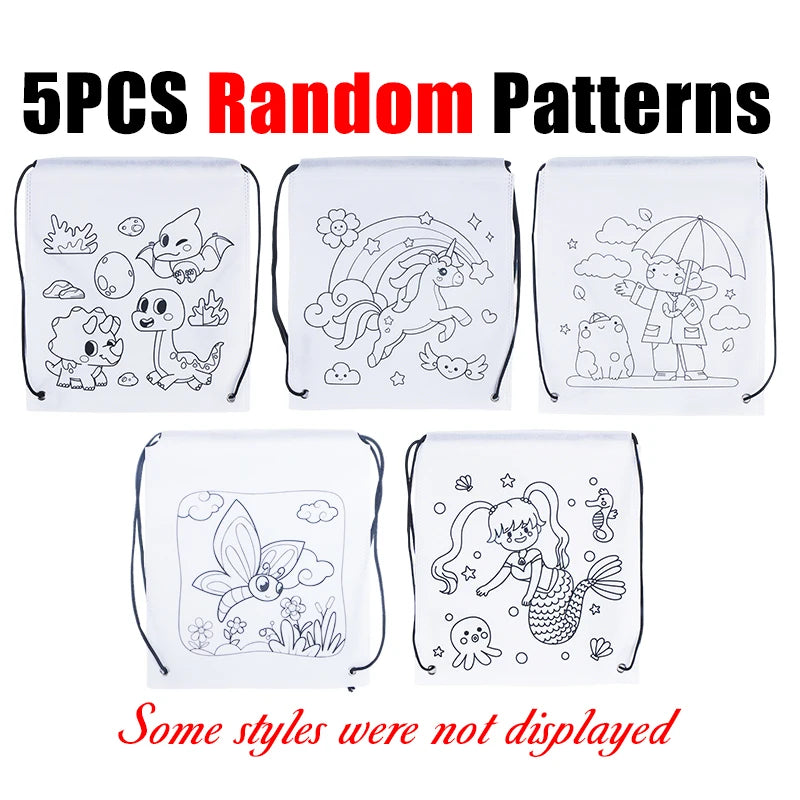 5-10PC Colorful Drawstring Graffiti Bag Random Assorted Pattern Cartoon Animal DIY Painting Backpack Festival Party Souvenir ZYF