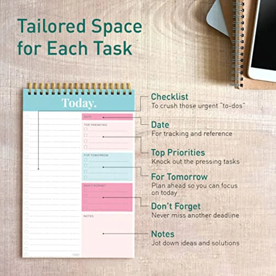 Daily and Weekly To Do List Notepad Undated Work Planner and Organizer with Wish List Section, 52-Sheet Coiled Task Pad for Pro