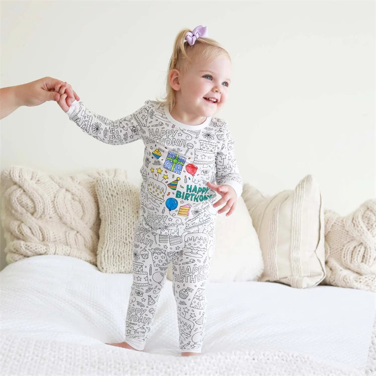 Colorable Two Piece Pajama Set for Children Boys Girls Color Your Own Handcraft Pyjamas  Kids DIY Coloring Kit for Pajama Party