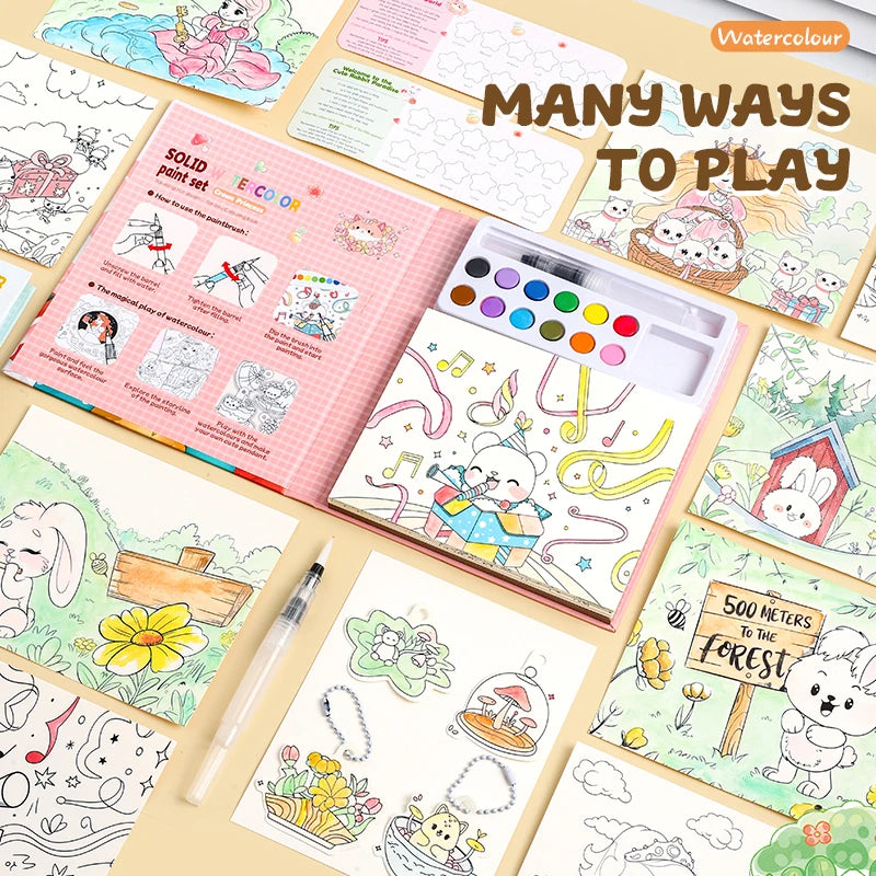 Children's Watercolor Coloring Set with 12-Color Pigment Color Blocks and Dip Pens