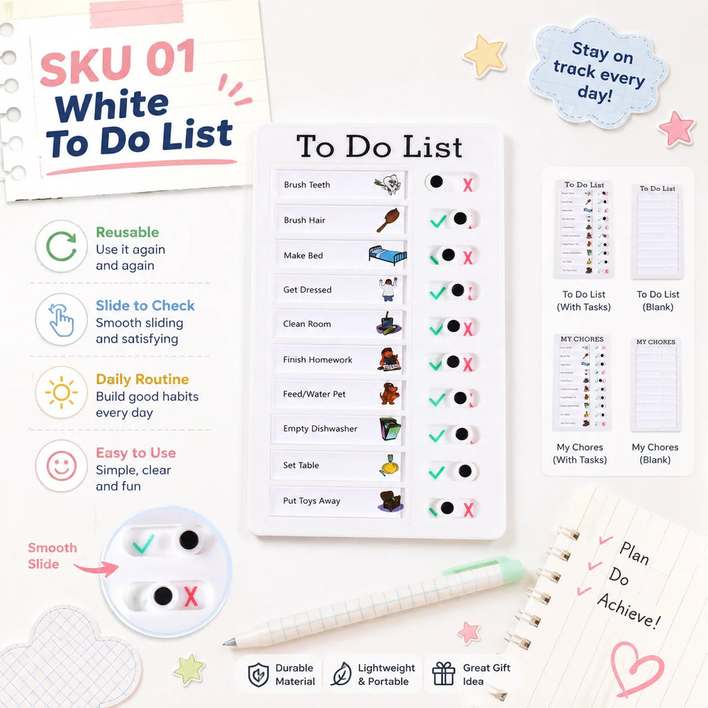 Self Discipline Checklist Board, Replaceable Plastic Chore Chart for Kids Adults, Summer Task Planner & Daily Habit Tracker