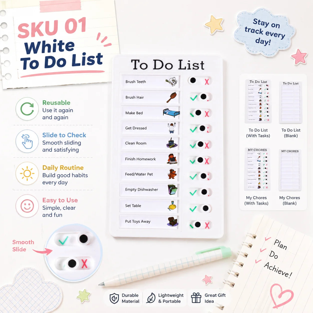 Self Discipline Checklist Board, Replaceable Plastic Chore Chart for Kids Adults, Summer Task Planner & Daily Habit Tracker