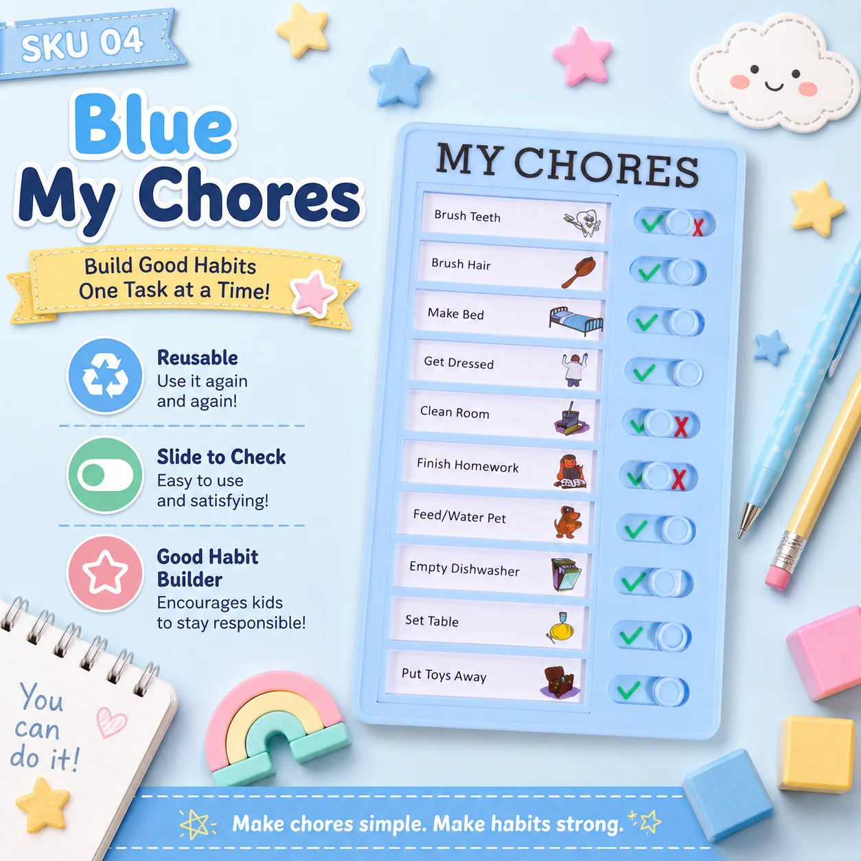 Self Discipline Checklist Board, Replaceable Plastic Chore Chart for Kids Adults, Summer Task Planner & Daily Habit Tracker