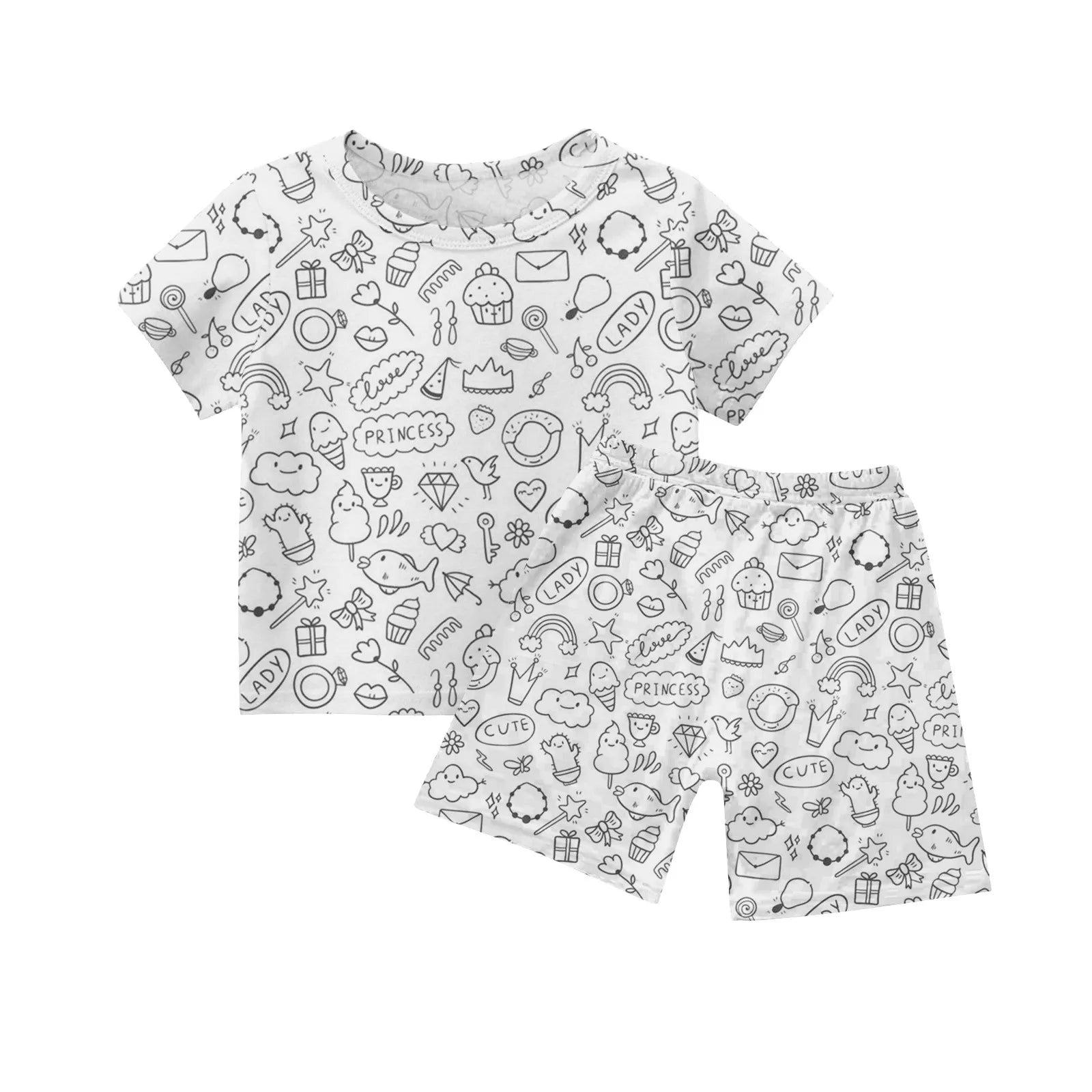Children's DIY Pajama Sets Creative Sketch Colorful Pajama Set Summer loose short-sleeved tops shorts pajamas two-piece set