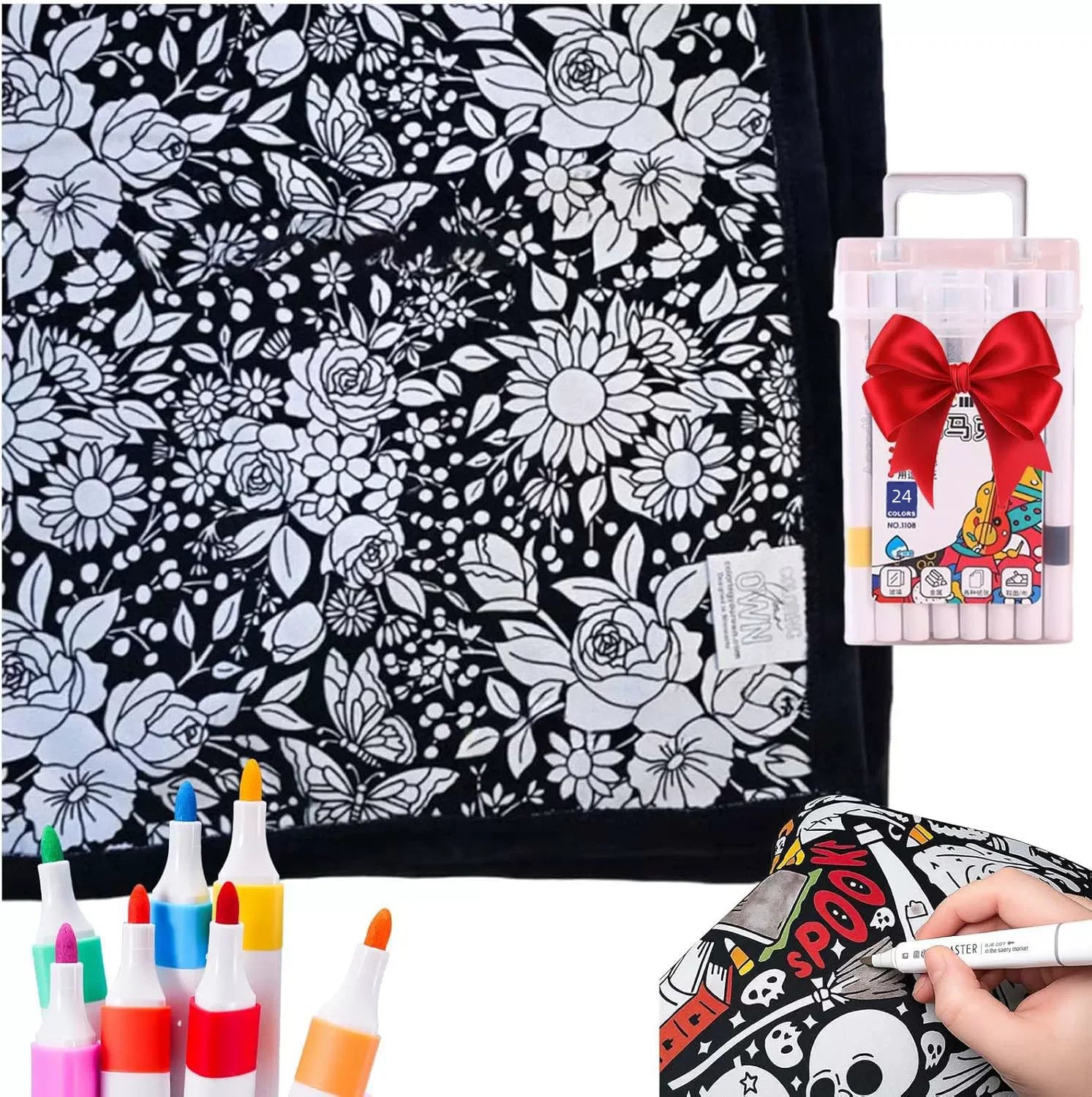 DIY Coloring Blanket 24 Color Pens Washable Reusable Soft Fleece Drawing Blanket DIY Painting Blanket for Kids Adults Home Decor