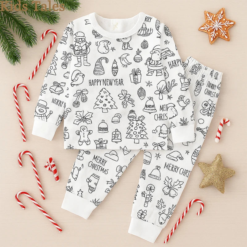 Children's DIY Pajama Sets Creative Sketch Colorful Pajama Set Long Sleeve Nightwear Baby Loungewear Clothing
