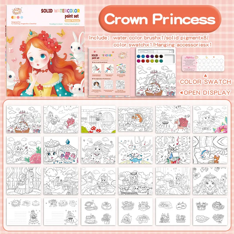 Children's Watercolor Coloring Set with 12-Color Pigment Color Blocks and Dip Pens