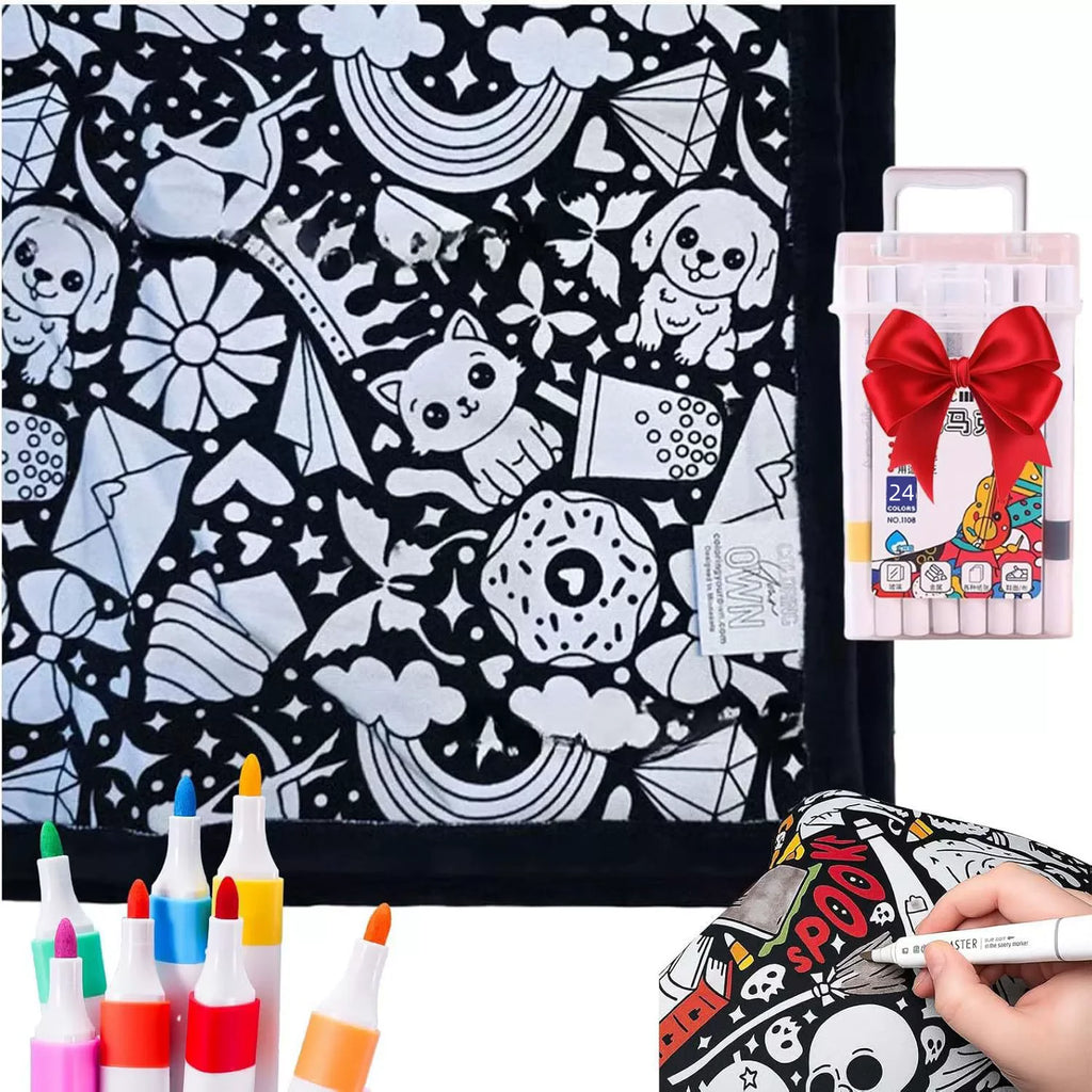 DIY Coloring Blanket 24 Color Pens Washable Reusable Soft Fleece Drawing Blanket DIY Painting Blanket for Kids Adults Home Decor
