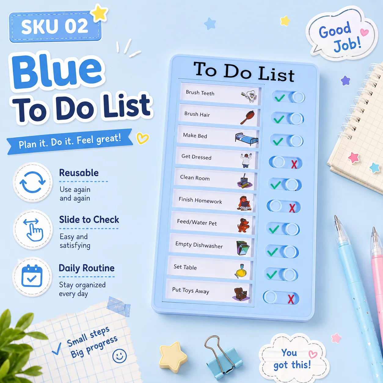 Self Discipline Checklist Board, Replaceable Plastic Chore Chart for Kids Adults, Summer Task Planner & Daily Habit Tracker