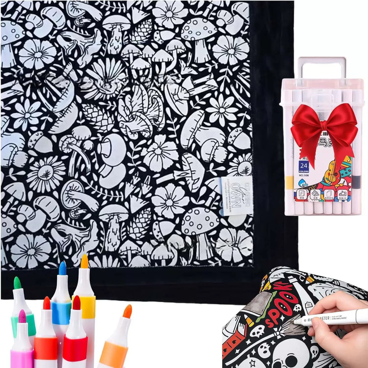 DIY Coloring Blanket 24 Color Pens Washable Reusable Soft Fleece Drawing Blanket DIY Painting Blanket for Kids Adults Home Decor