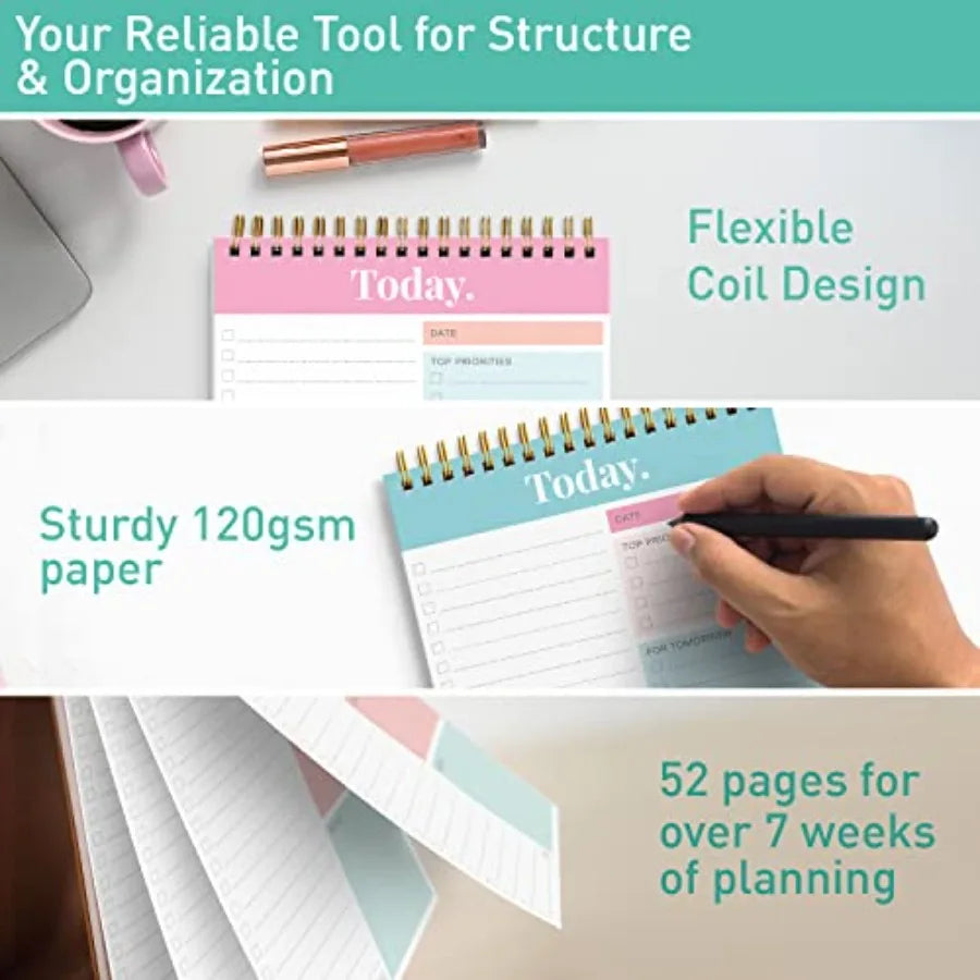 Daily and Weekly To Do List Notepad Undated Work Planner and Organizer with Wish List Section, 52-Sheet Coiled Task Pad for Pro