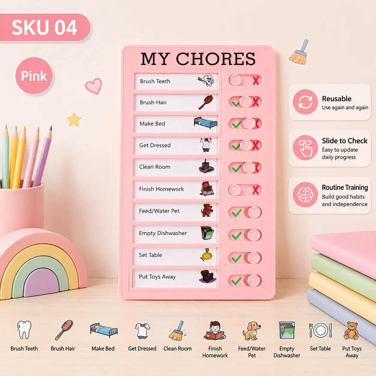 Self Discipline Checklist Board, Replaceable Plastic Chore Chart for Kids Adults, Summer Task Planner & Daily Habit Tracker