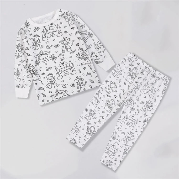 Colorable Two Piece Pajama Set for Children Boys Girls Color Your Own Handcraft Pyjamas  Kids DIY Coloring Kit for Pajama Party