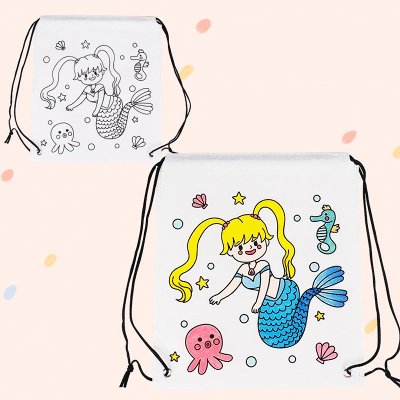 5-10PC Colorful Drawstring Graffiti Bag Random Assorted Pattern Cartoon Animal DIY Painting Backpack Festival Party Souvenir ZYF