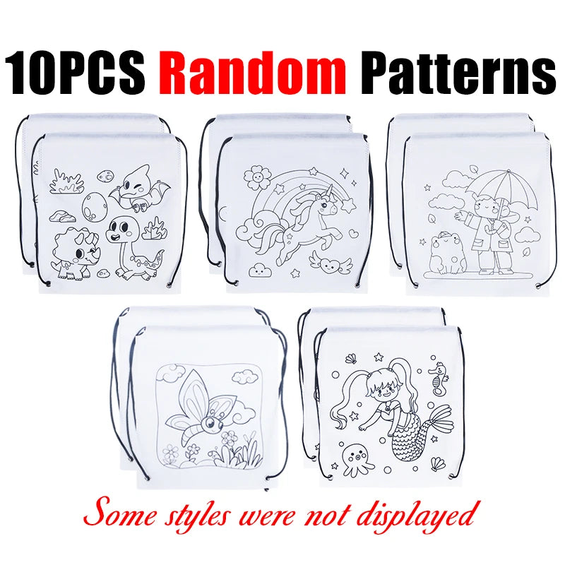 5-10PC Colorful Drawstring Graffiti Bag Random Assorted Pattern Cartoon Animal DIY Painting Backpack Festival Party Souvenir ZYF