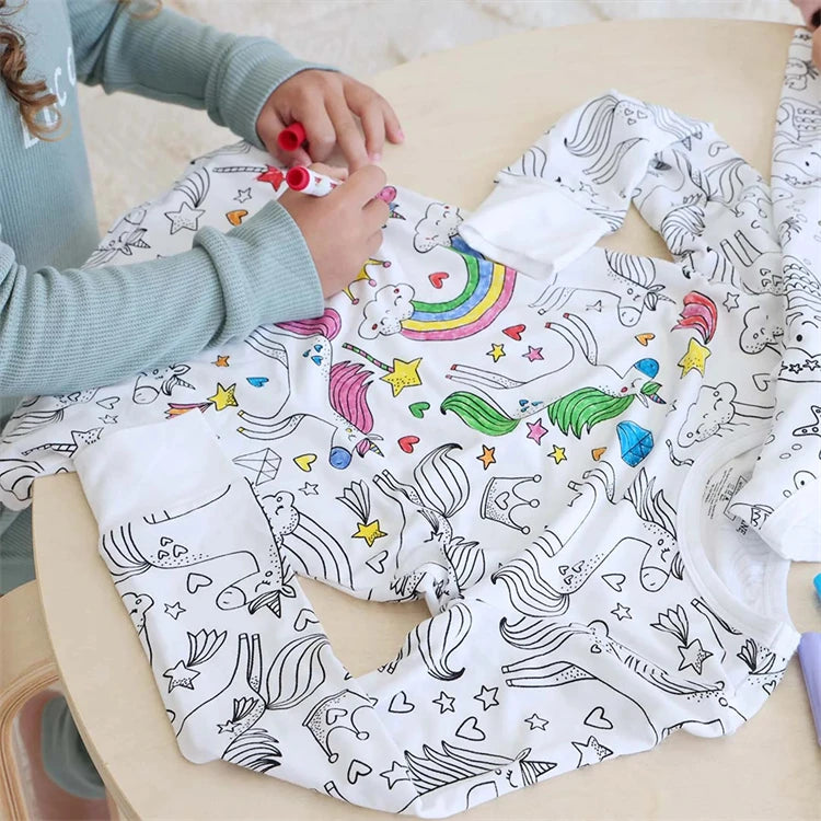Colorable Two Piece Pajama Set for Children Boys Girls Color Your Own Handcraft Pyjamas  Kids DIY Coloring Kit for Pajama Party